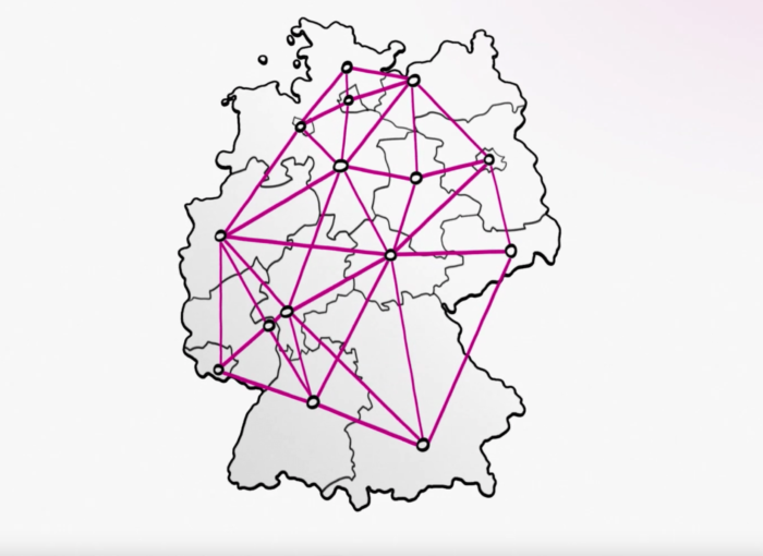 Deutschland Karte mit roten Linien die grafisch das Netzwerk Schulewirtschaft zeigt