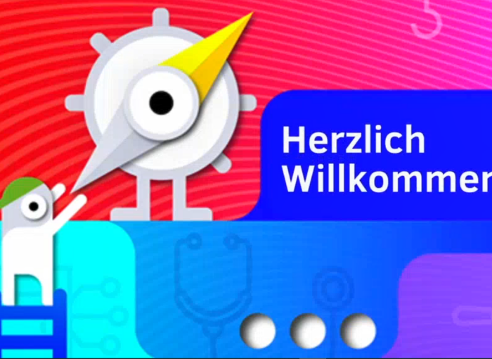 Bild mit Männchen, was am Kompass dreht und Schrift "Herzlich willkommen"