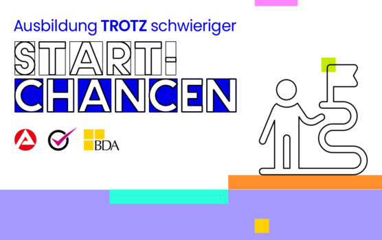 Bild mit Männchen, Weg und Zielfahne und Text: "Ausbildung Trotz schwieriger Start Chancen"