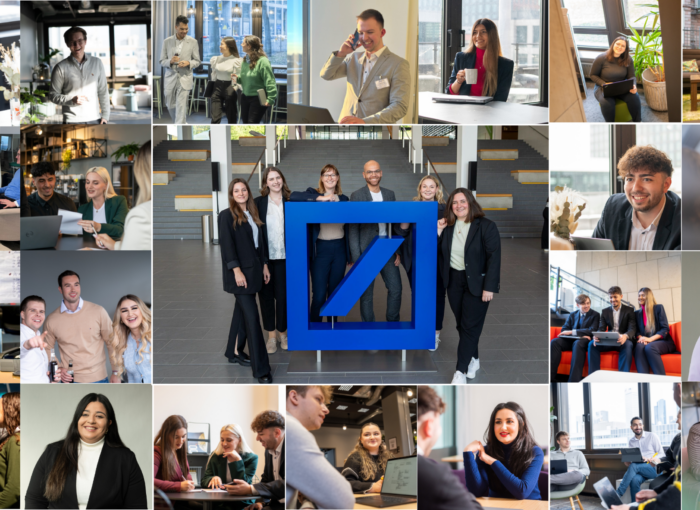 SCHULEWIRTSCHAFT Preisträger Deutsche Bank AG - Collage aus verschiedenen Bildern mit jungen Menschen im Berufsumfeld, im Zentrum das Logo der Deutschen Bank