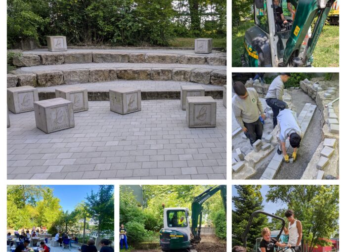 SCHULEWIRTSCHAFT Preisträger Gottlob Brodbeck - Bildcollage: Mitarbeiter und Schüler pflastern ein Amphitheater mit mehreren Ebenen