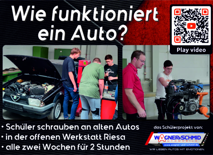 SCHULEWIRTSCHAFT Preisträger Wagner + Schmid Automobile - Sharepic "Wie funktioniert ein Auto", junge Menschen arbeiten an einem alten Auto