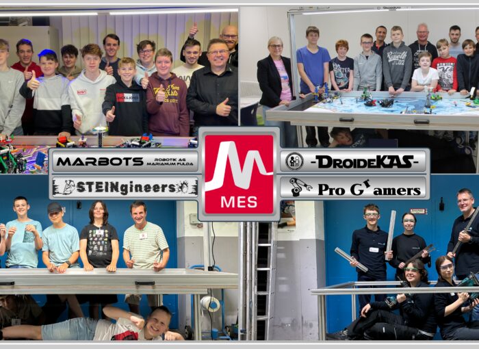 SCHULEWIRTSCHAFT Preisträger MES - Collage aus mehrere Gruppenfotos von jungen Menschen, die bei der MES GmbH u.a. Roboter gebaut haben