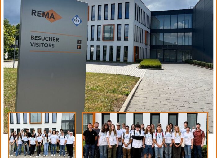 SCHULEWIRTSCHAFT Preisträger REMA - Bildcollage von den REMA Project Days mit Besuchereingang des Unternehmens und zwei Gruppenbildern